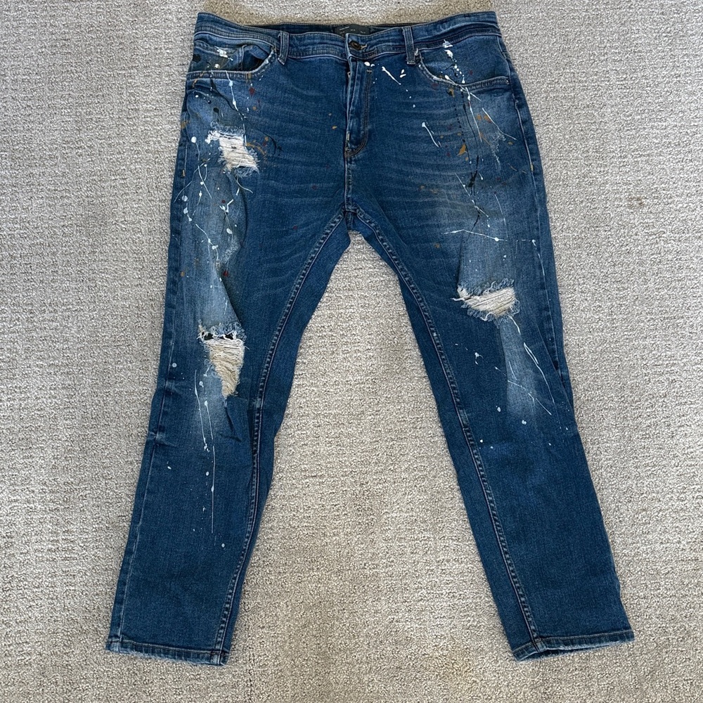 Zara Blue Distressed Skinny Jeans with Paint Splatter